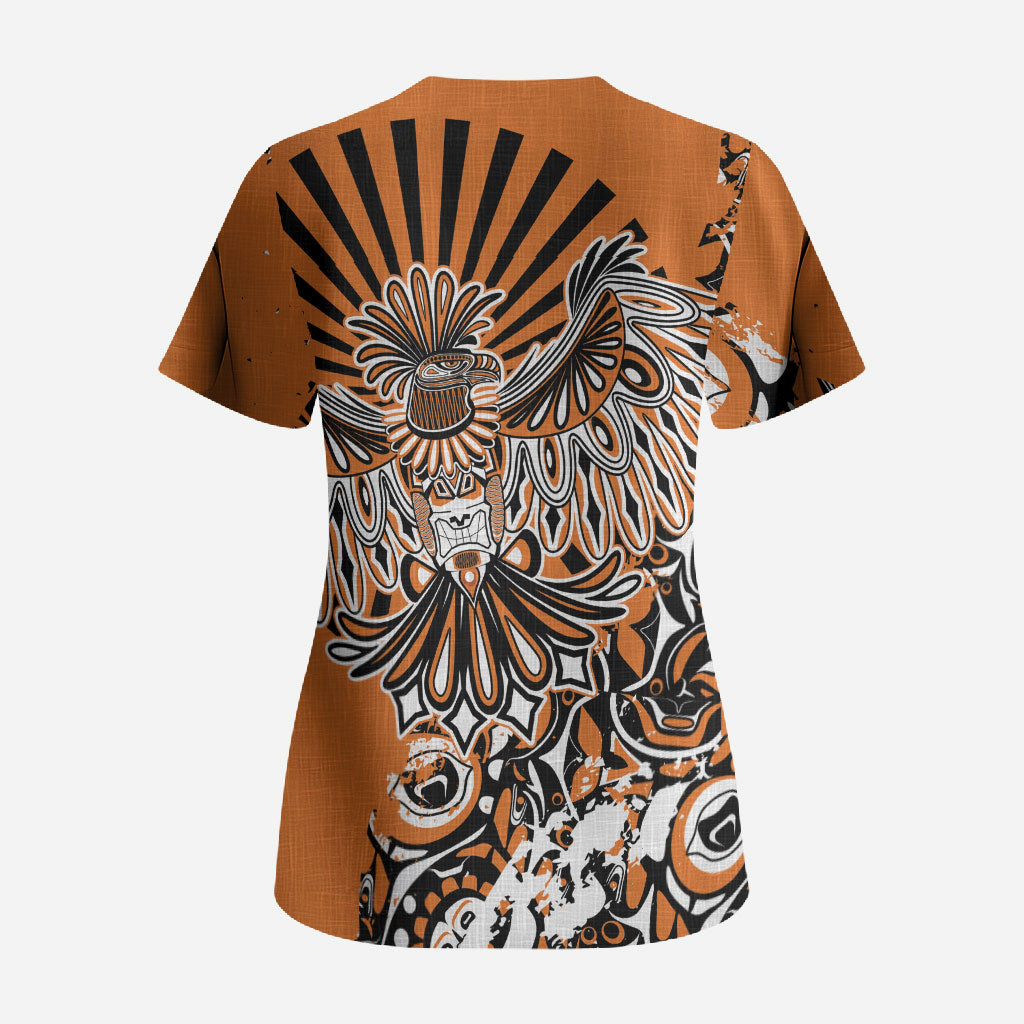 Canada Indigenous Orange Scrub Top Haida Art Thunder Bird