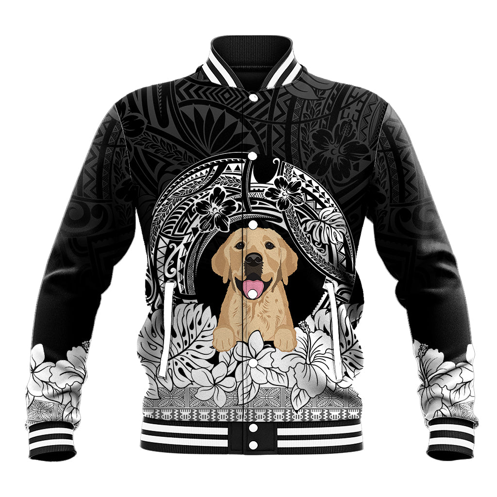 Personalized dog baseball jacket, black with golden retriever front graphic and floral sleeves