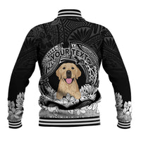 Personalized dog baseball jacket, black back print with golden retriever and text banner