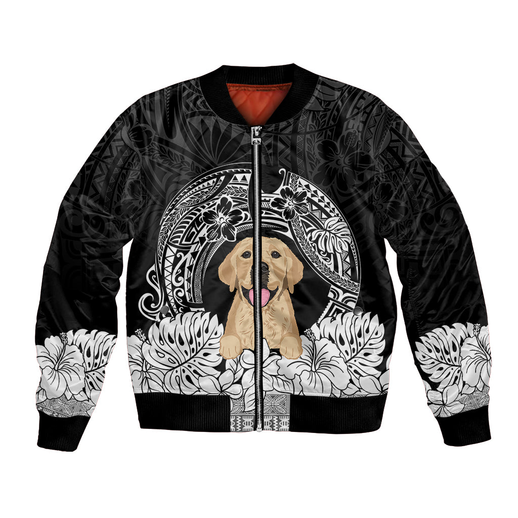 Black bomber jacket with front zipper, golden retriever arch print and ribbed hem cuffs