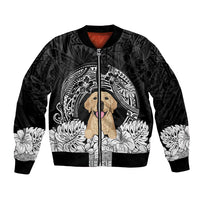 Black bomber jacket with front zipper, golden retriever arch print and ribbed hem cuffs
