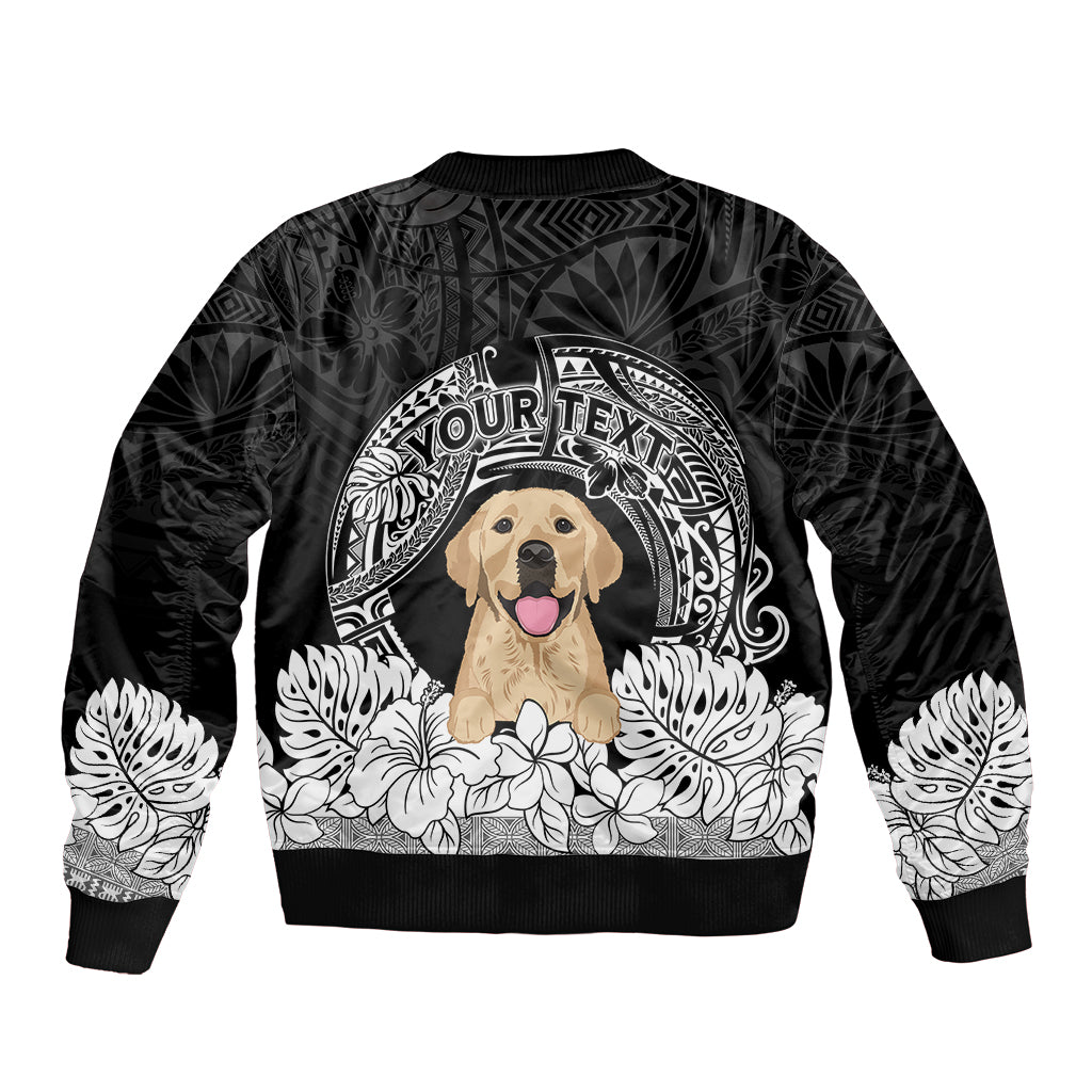 Black bomber jacket with golden retriever emblem and arch graphic, ribbed collar cuffs