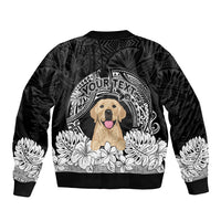 Black bomber jacket with golden retriever emblem and arch graphic, ribbed collar cuffs