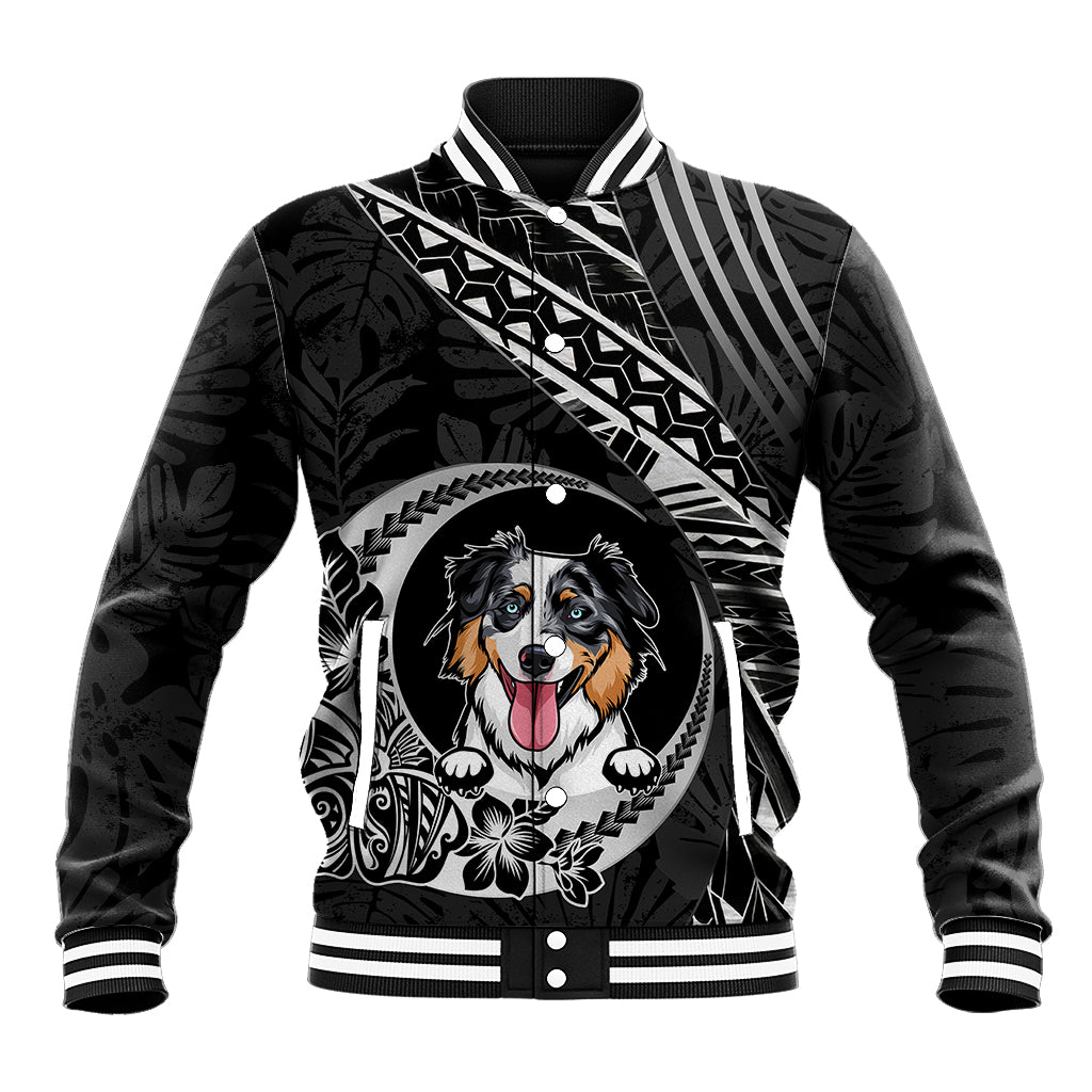 Black dog baseball jacket with front dog portrait, tribal print, striped ribbed collar and cuffs