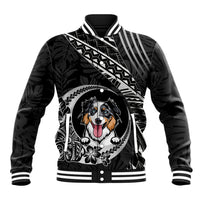 Black dog baseball jacket with front dog portrait, tribal print, striped ribbed collar and cuffs