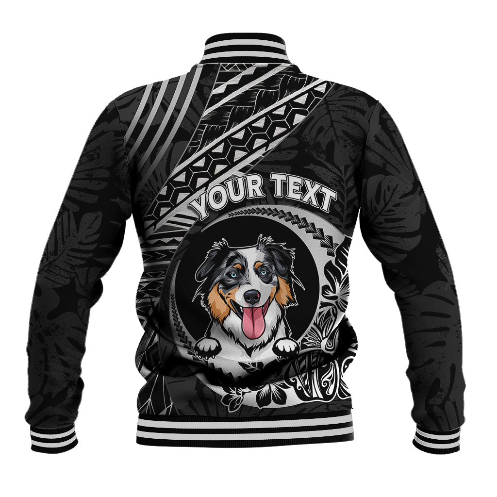 Black dog baseball jacket, back with YOUR TEXT, dog portrait, tribal print, striped ribbed hem
