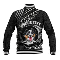 Black dog baseball jacket, back with YOUR TEXT, dog portrait, tribal print, striped ribbed hem