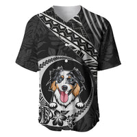 Black dog baseball jersey with Polynesian patterns and centered Australian Shepherd dog graphic
