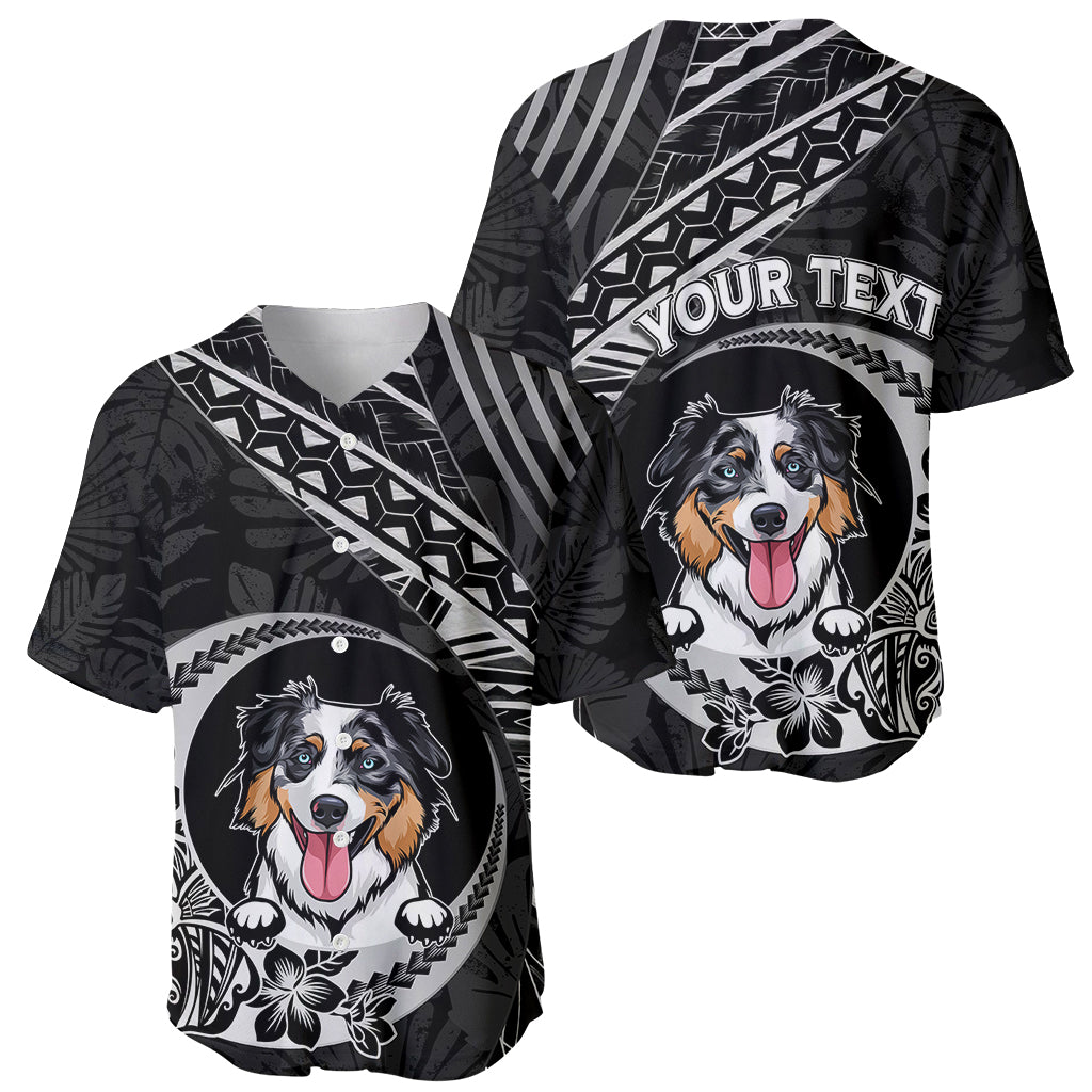 Set of two black dog baseball jerseys with Polynesian graphics and Australian Shepherd dog art