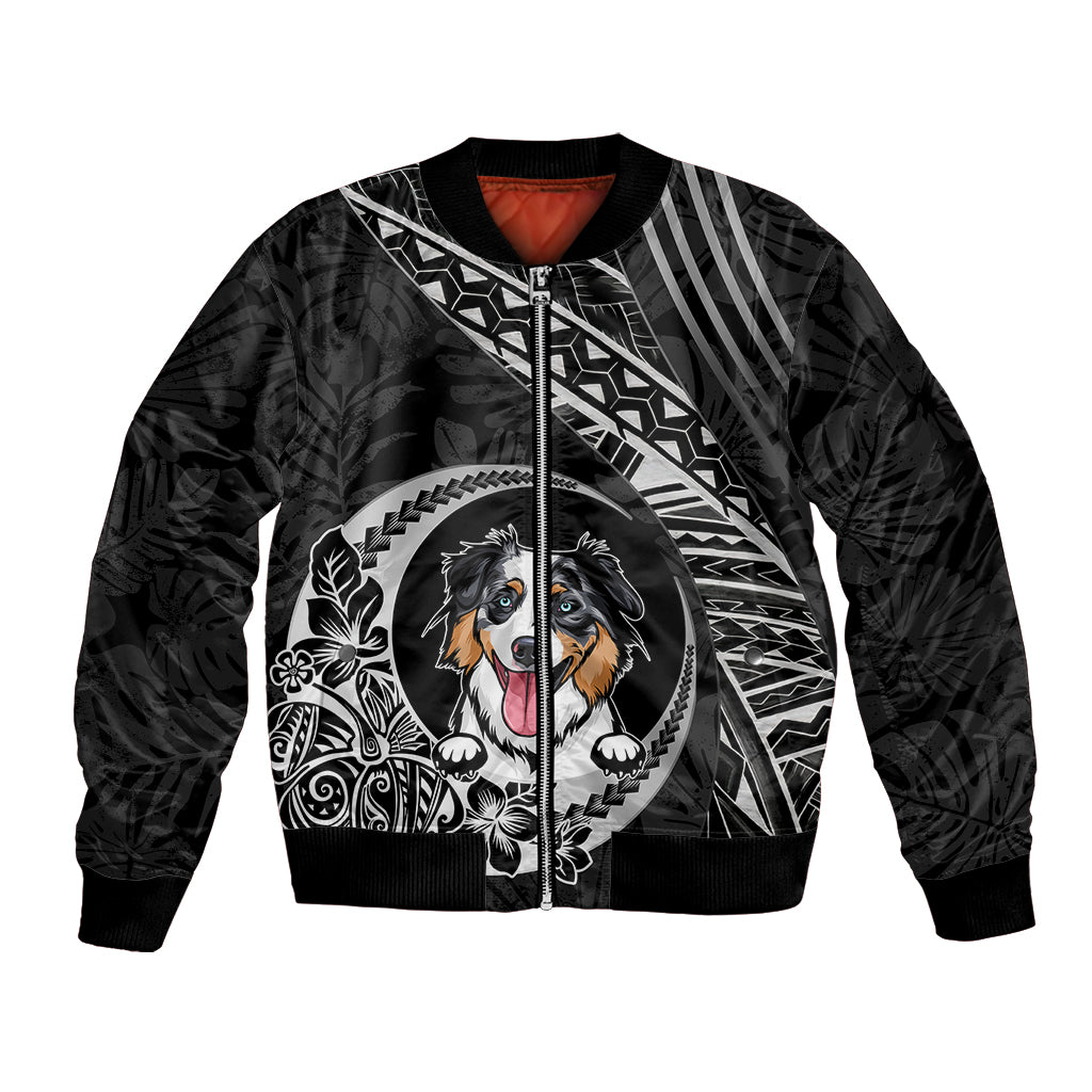 Black bomber jacket with zip front and large circular dog face graphic on chest