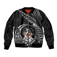 Black bomber jacket with zip front and large circular dog face graphic on chest
