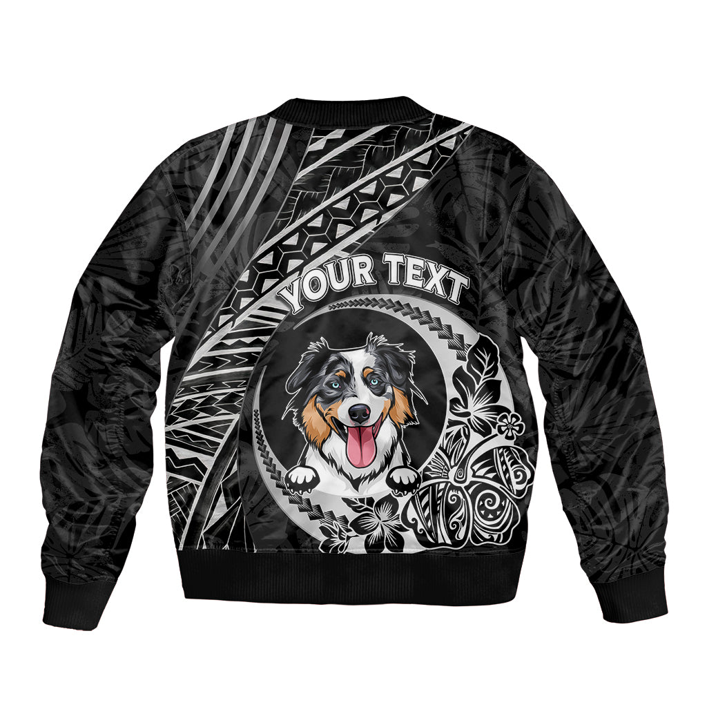 Black bomber jacket with zip front, circular dog graphic and “YOUR TEXT” print