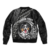 Black bomber jacket with zip front, circular dog graphic and “YOUR TEXT” print