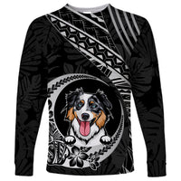 Unisex black long-sleeve dog shirt with Polynesian-style crescent dog graphic