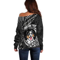 Women's off-shoulder sweater black, back print with 'YOUR TEXT' and dog portrait