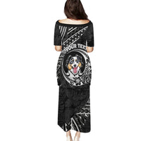 Black long dress with tribal back print and dog face graphic, short sleeves