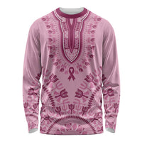 Pink dashiki long-sleeve shirt with breast cancer ribbon and ornate neckline pattern