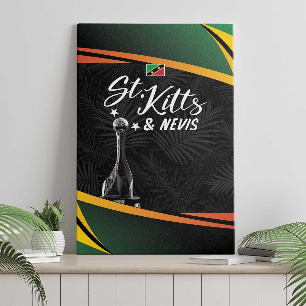 St Kitts & Nevis cricket canvas wall art leaning on shelf, black palm pattern and trophy