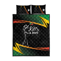 Black cricket quilt with St Kitts & Nevis logo, flag stripes, and two matching pillows