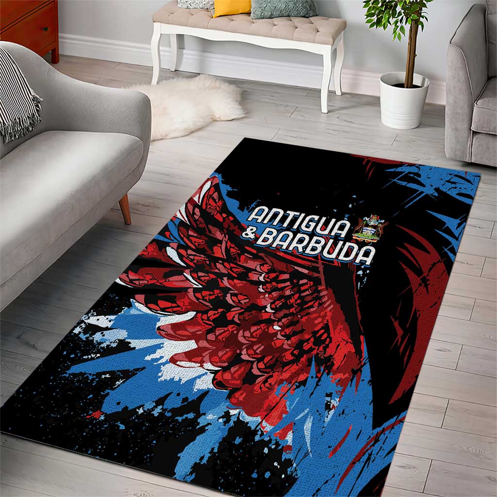 Black rectangular rug with Antigua & Barbuda lettering and red, blue splash design