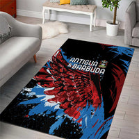 Black rectangular rug with Antigua & Barbuda lettering and red, blue splash design