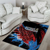 Black rectangular rug featuring Antigua & Barbuda text with red and blue wings art
