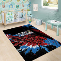 Black rectangular rug with Antigua & Barbuda text and red, blue splash artwork