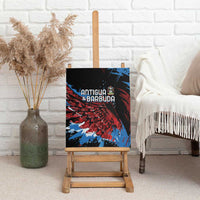Antigua and Barbuda canvas wall art leaning on easel, red and blue wingburst