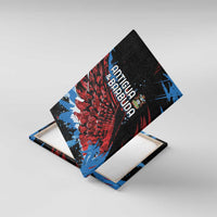 Tilted Antigua and Barbuda canvas wall art with red and blue wing graphic
