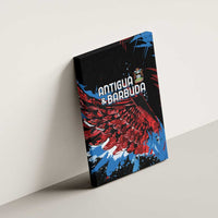 Antigua and Barbuda canvas wall art hung on wall, red and blue wingburst