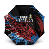 Black cricket umbrella with Antigua & Barbuda logo, red and blue wing graphic