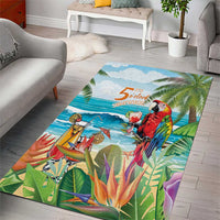 Rectangular tropical birds area rug with ocean scene and '5 o'clock somewhere' text