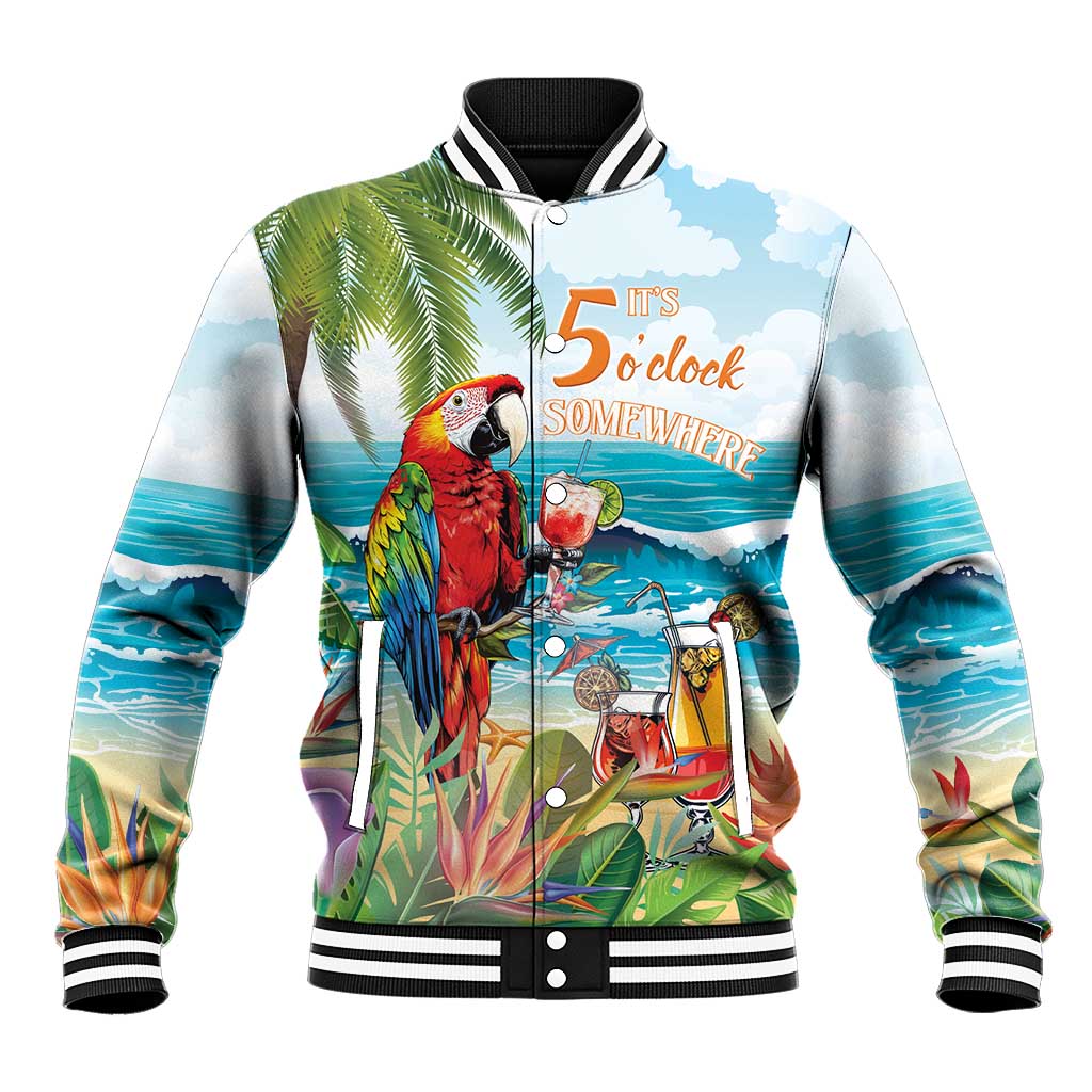 Colorful parrot graphic baseball jacket, '5 o'clock Somewhere' on front, ribbed collar