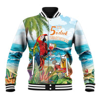 Colorful parrot graphic baseball jacket, '5 o'clock Somewhere' on front, ribbed collar