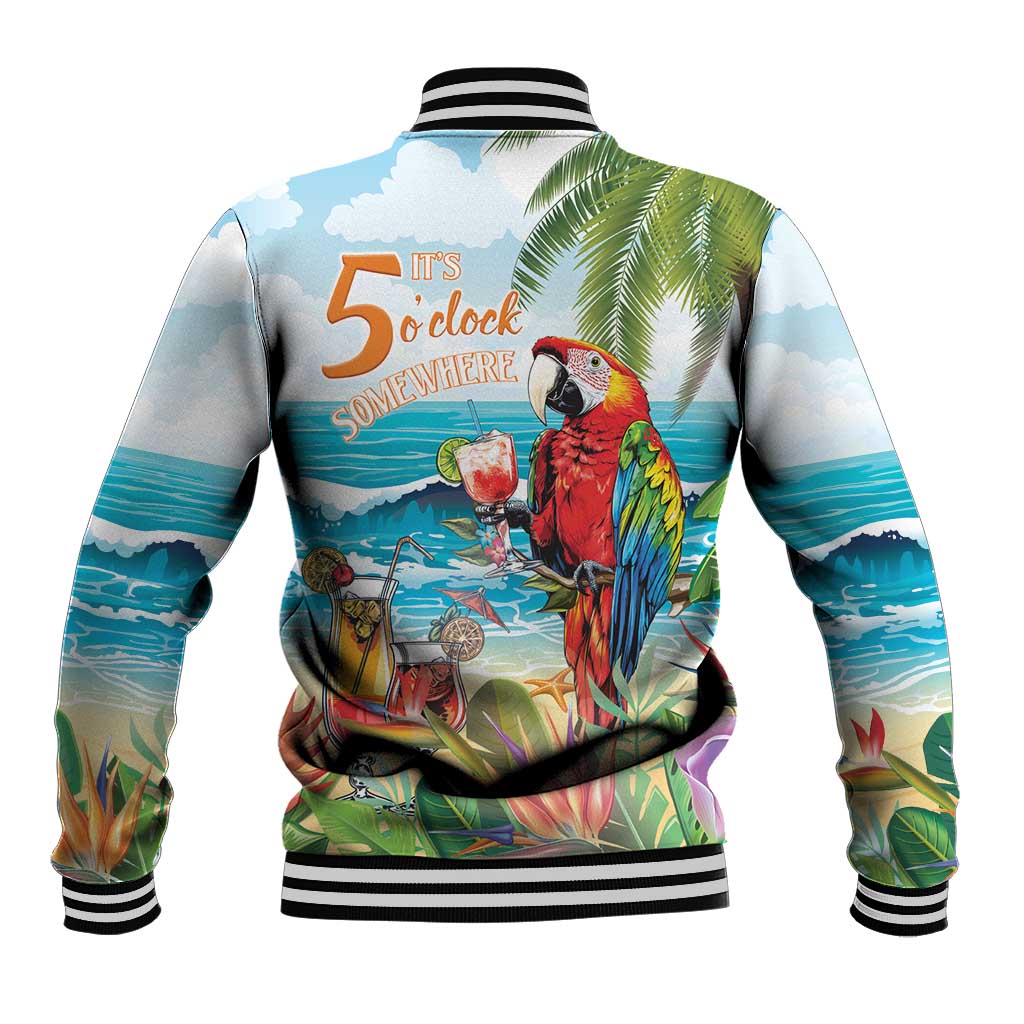 Colorful parrot graphic baseball jacket back, '5 o'clock Somewhere' and tropical scene