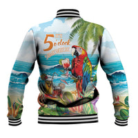Colorful parrot graphic baseball jacket back, '5 o'clock Somewhere' and tropical scene
