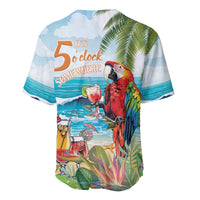 Tropical parrot baseball jersey with colorful sea and island graphic, short sleeves