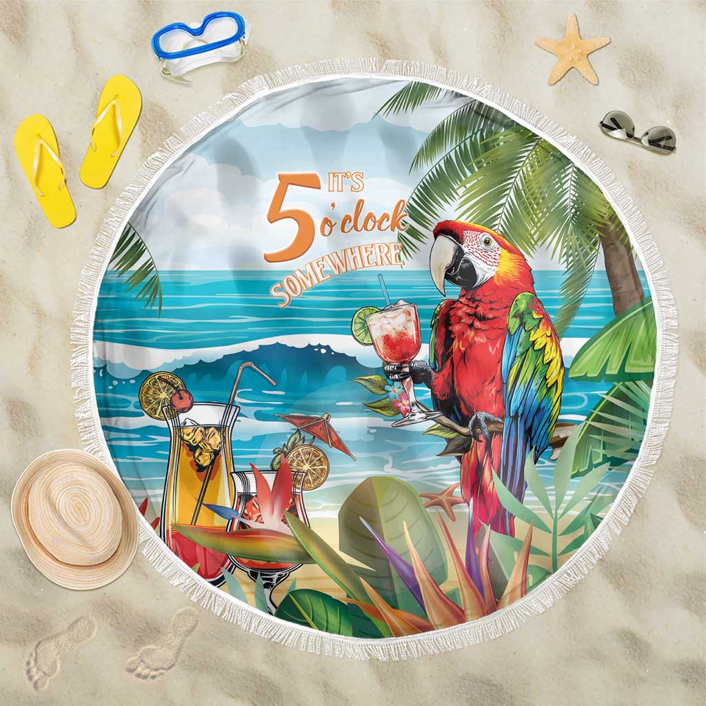 Round beach blanket with fringe, tropical parrot and cocktails, 'It's 5 o'clock somewhere'