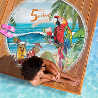 Round beach blanket with fringe, tropical parrot and drinks graphic, 'It's 5 o'clock somewhere'