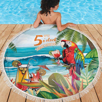 Round beach blanket with fringe showing tropical parrot, cocktails, and 'It's 5 o'clock somewhere'