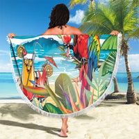 Round beach blanket with fringe, tropical parrot with palm leaves, 'It's 5 o'clock somewhere'
