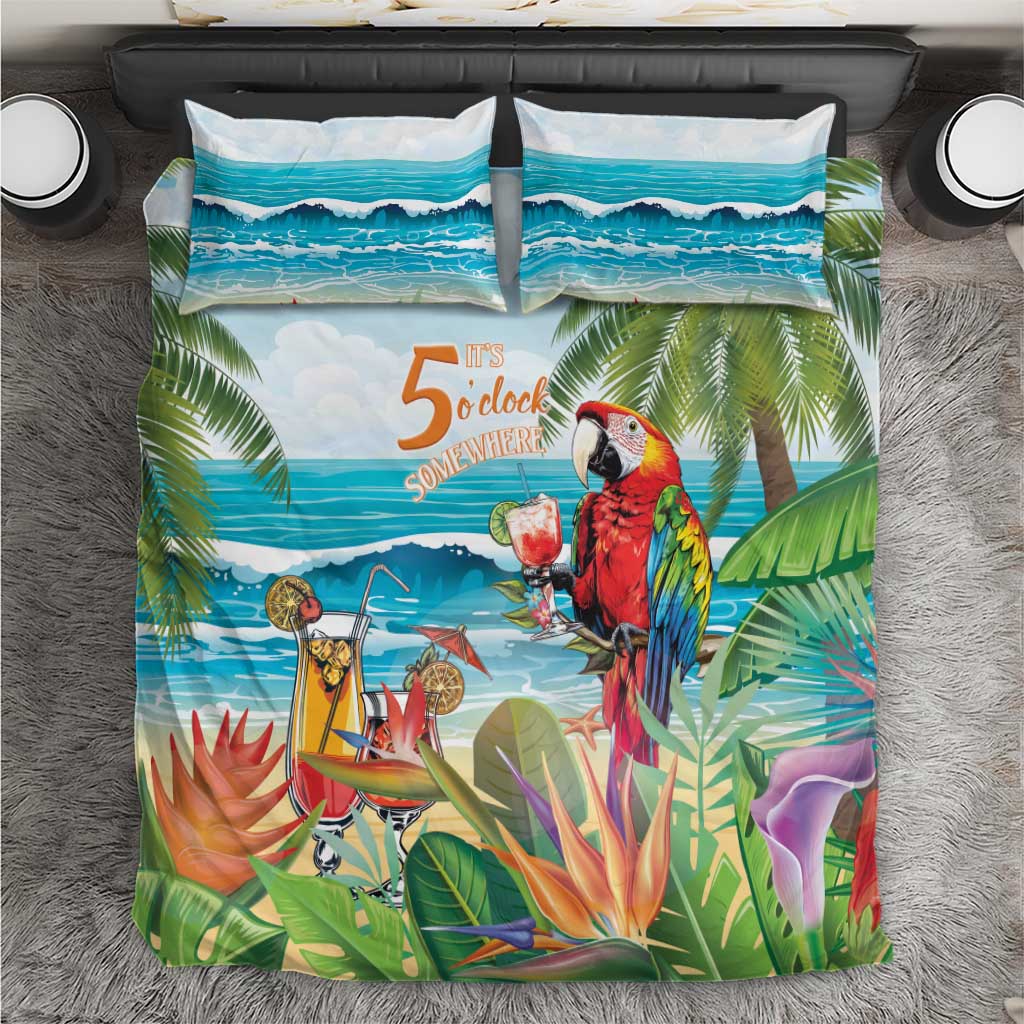 Tropical parrot bedding set with ocean wave and palm leaf print, includes 2 pillow shams
