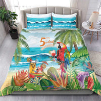 Tropical bedding set featuring parrot, cocktails, palm leaves, and ocean wave artwork