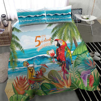 Parrot and ocean wave duvet with palm leaf accents, two matching pillow covers shown