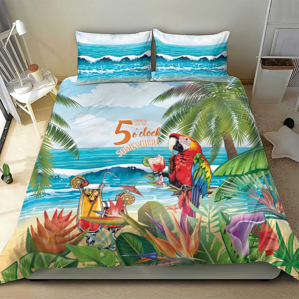 Tropical parrot bedding set with colorful foliage and ocean wave design, two shams