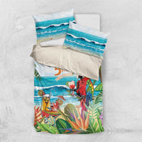 Folded tropical parrot bedding set with ocean wave and palm leaf graphic, two pillow covers