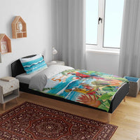 Tropical parrot duvet cover with ocean waves and palm leaves, styled on a bed