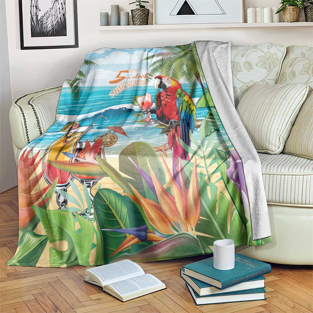 Tropical throw blanket with red parrot, ocean, palm leaves, and '5 o'clock somewhere' print