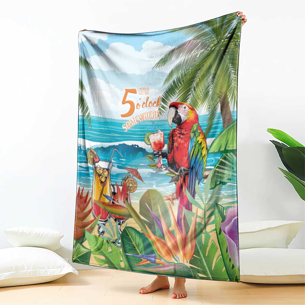 Tropical throw blanket draped upright, showing red parrot, ocean waves, palm leaves