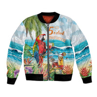 Unisex bomber jacket with colorful tropical parrot, beach scene and zipper front